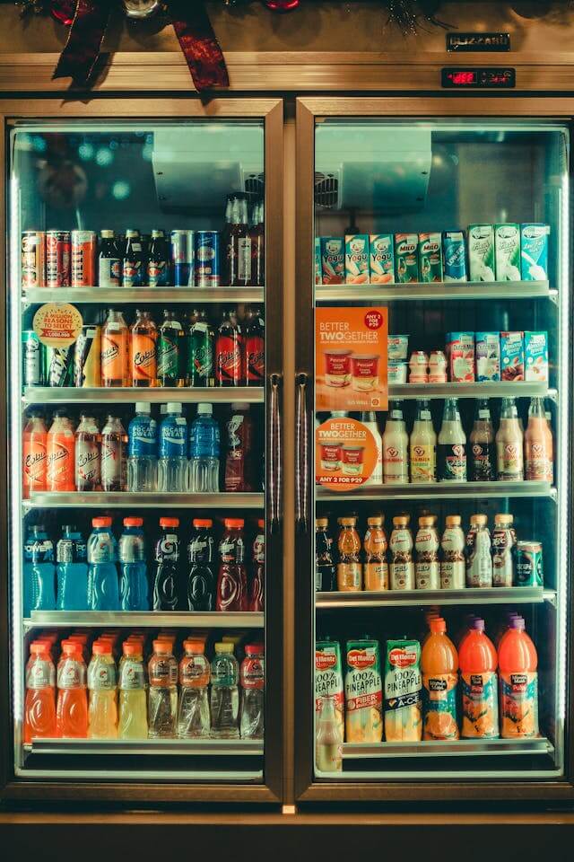 variety of drinks in a standing, glass-door fridge