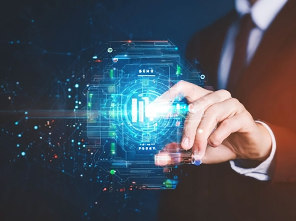 The image features a close-up of a hand gently touching a holographic interface that displays digital data and symbols.
