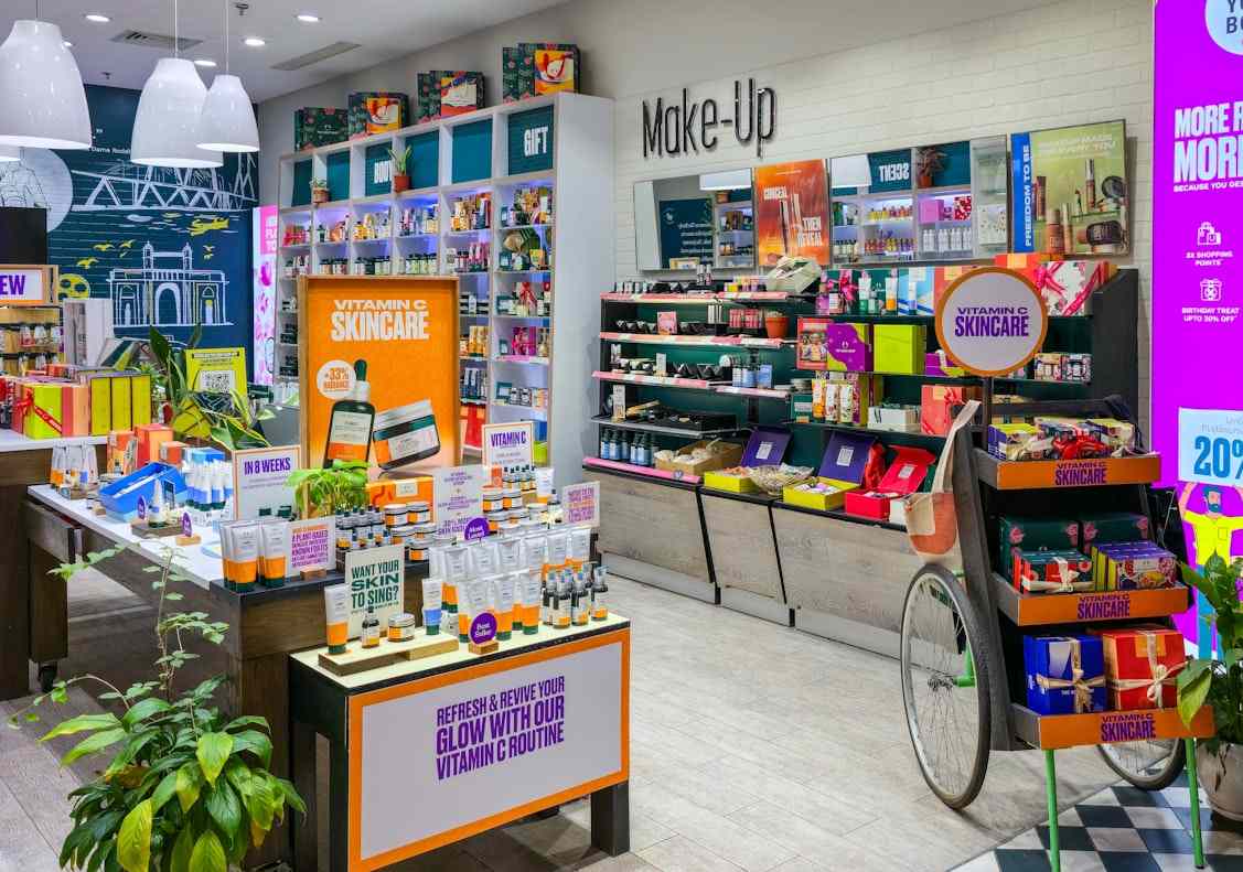 A bright front of store display with lots of colourful signage